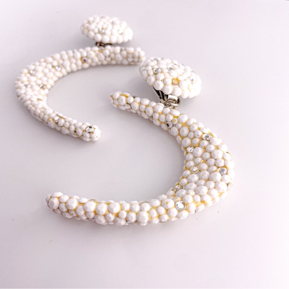 Rare Vintage Couture James Arpad Rhinestone Clipon White Abstract Large Earrings - Picture 15 of 16